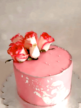 Fresh Pink Roses & Silver Leaf Cake