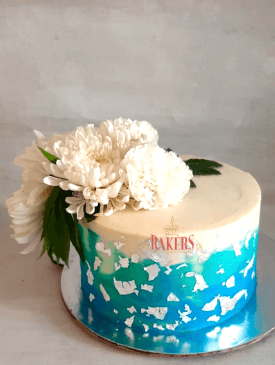 Blue Floral Cake with Edible Silver Leaves