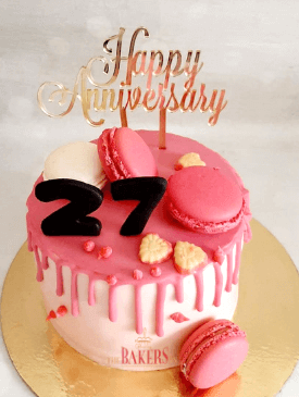Pink Drip & Macaron Anniversary Cake