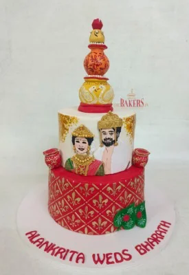 bengali red gold wedding cake