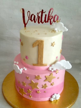 Two Tier Pink & White 1st Birthday Cake with Gold Acrylic Topper